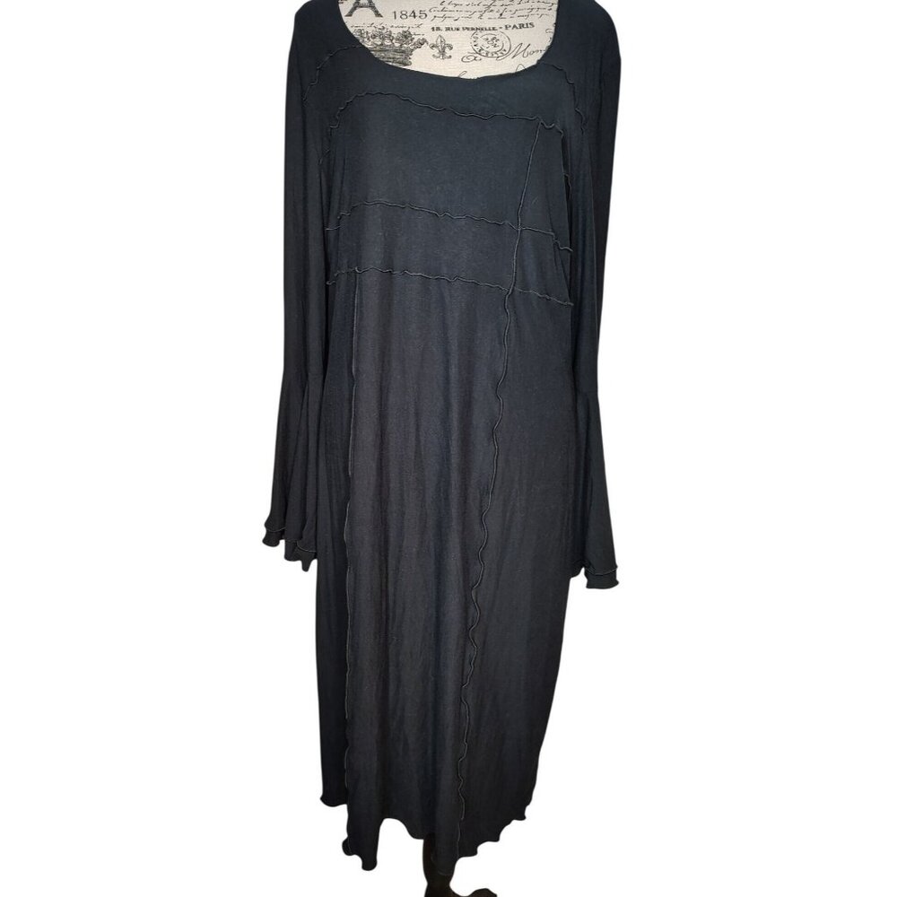 Lew Magram Large Black Long Bell Sleeve Dress Lagenlook Art to Wear, Ruffle